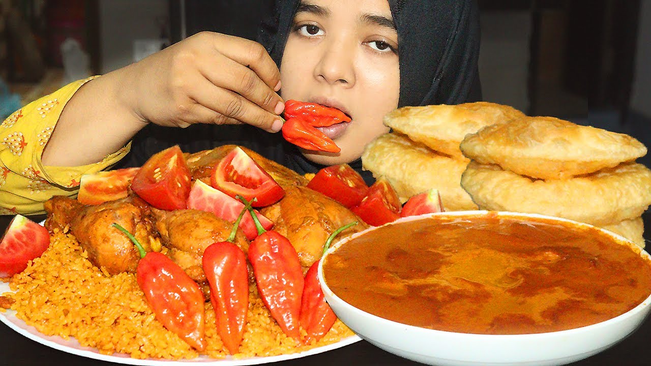 ASMR Eating: Recipe And Mukbang Chicken Biryani, Soft Luchi Puri, Butter Chicken, Red King Chilli