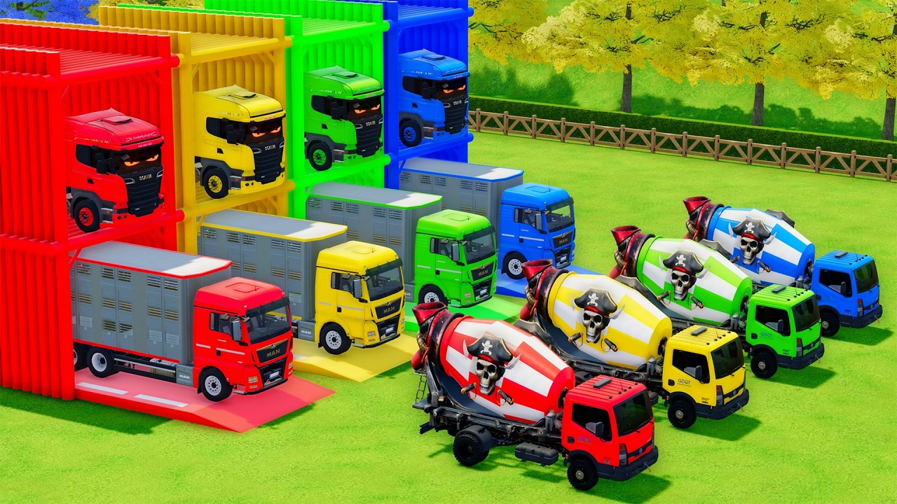 Garage with Colors - ALL MIXER TRUCK WITH DOUBLE FLATBED TRAILER TRUCK, SCANIA, MAN, NISSAN - FS22