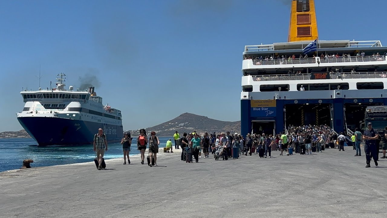 Blue Star Delos and Blue Star Naxos dual arrival and departure at Naxos