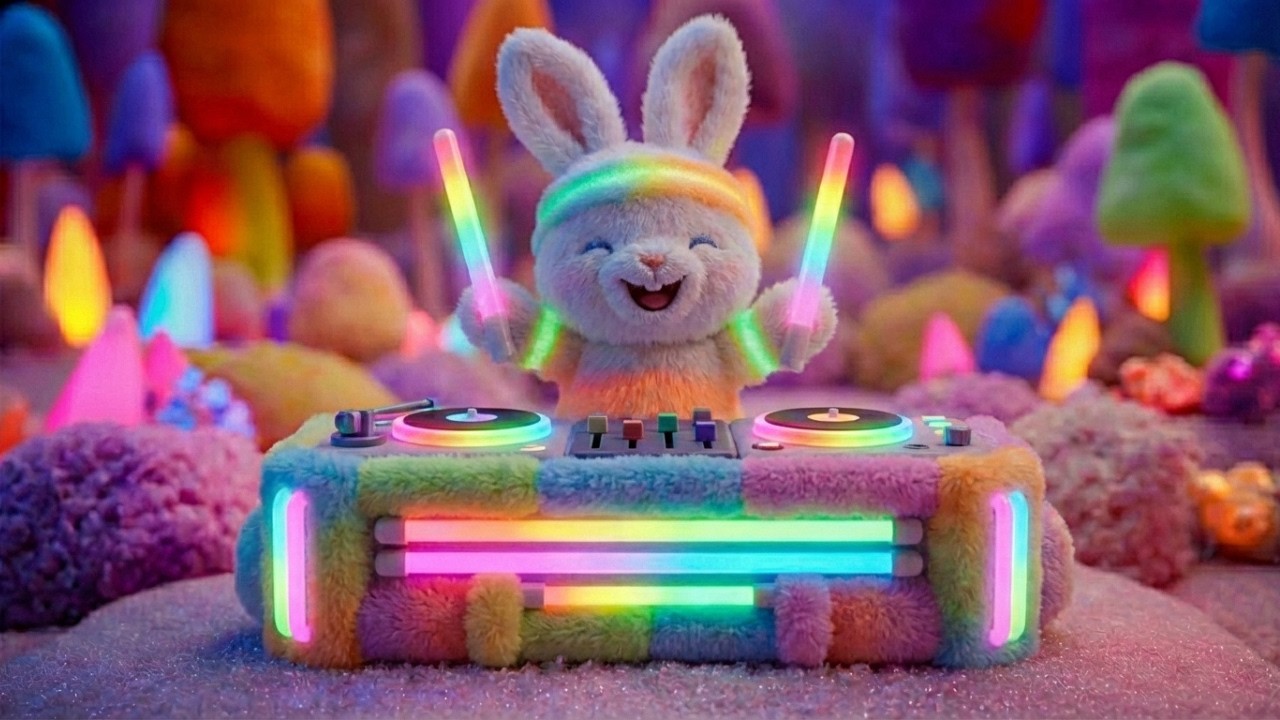 🌈 Slow Motion Neon Plush Party | Calming Ambience & Relaxing Background Music (4K)