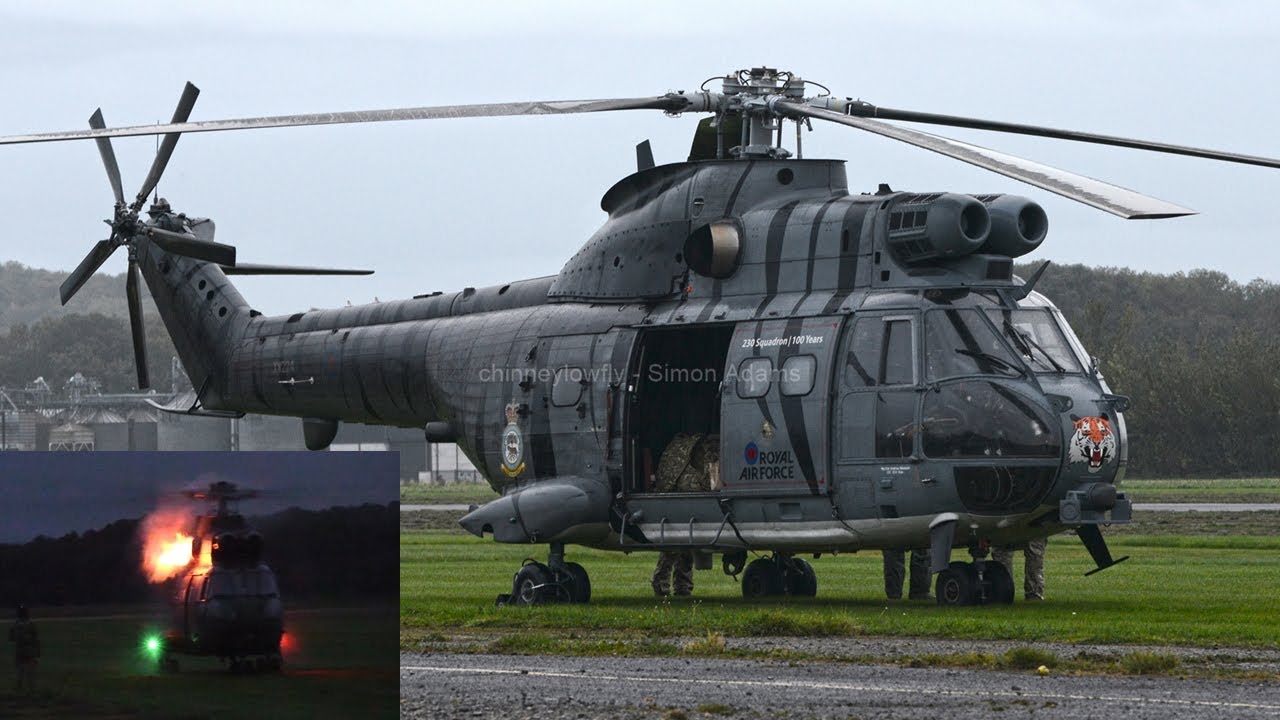 RAF Puma night ops! Tiger Puma + Flames! Shobdon Airfield.