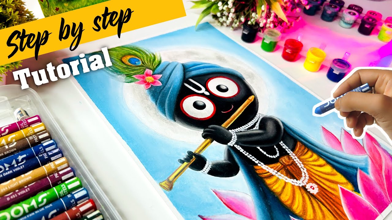 Jagannath ji Drawing with Oil Pastel, Rath Yatra Drawing, Oil Pastel Drawing