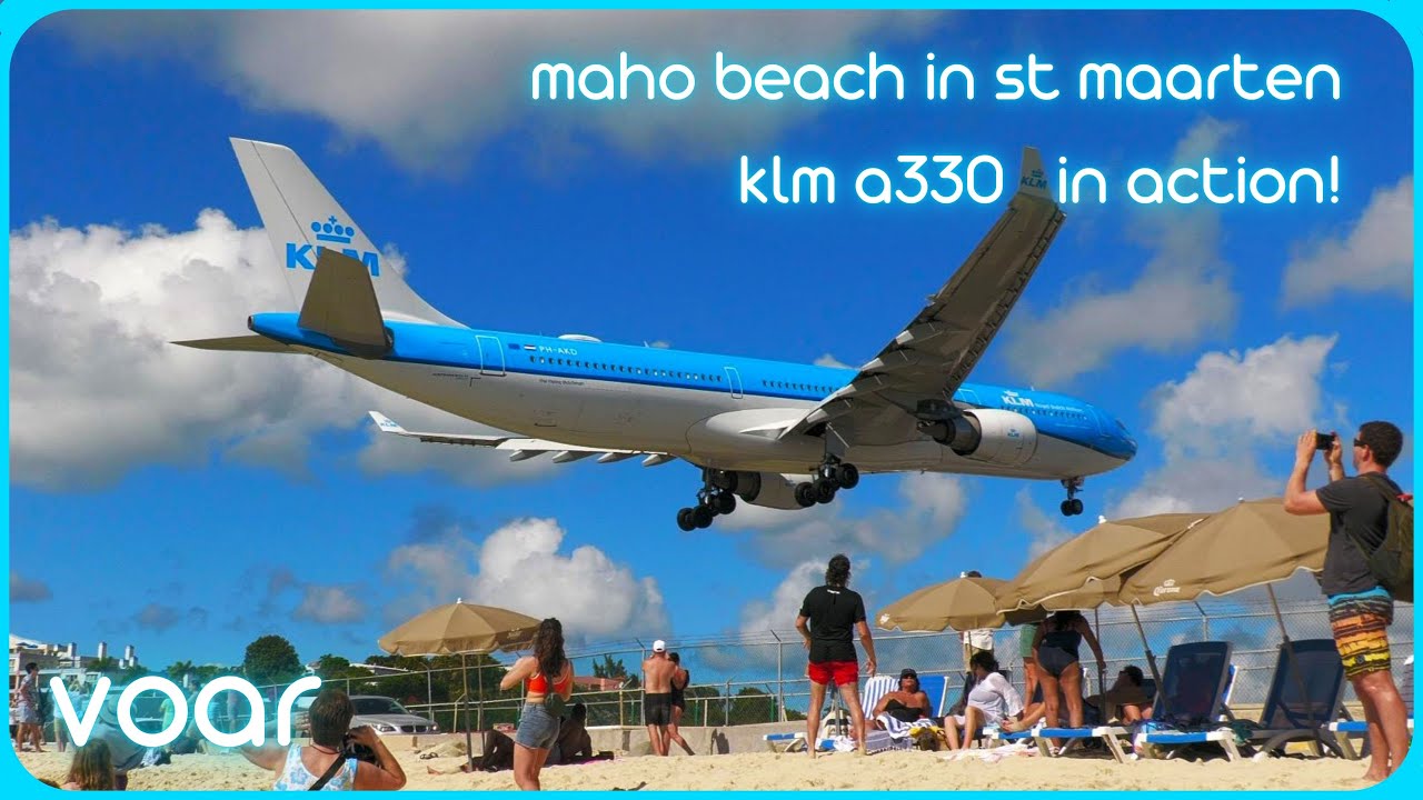 KLM Airbus A330-300 at St Maarten - landing & jetblast takeoff view from Maho Beach!