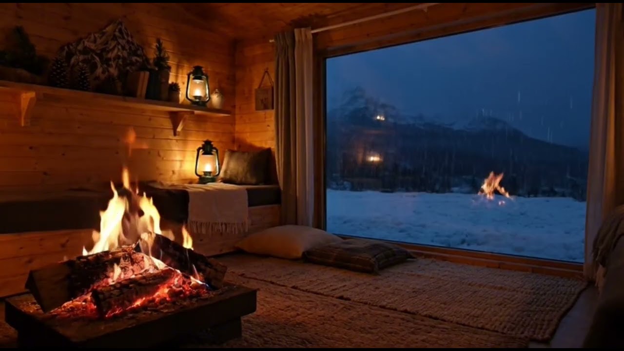 20 Minutes Cozy Nordic Cabin with Fireplace 🔥 Snow Falling Outside | Relaxing Winter Ambience
