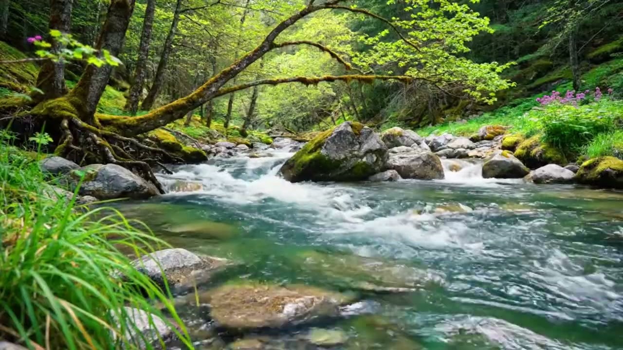 Soothing sounds of a babbling brook and relaxing music