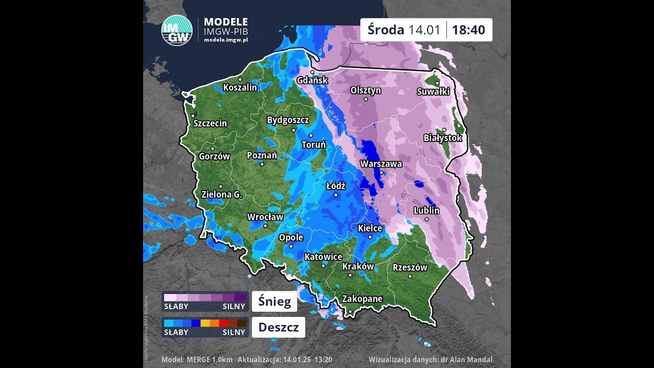 Prognoza opadu na 8 godzin (Model MERGE) 14.01.2026 