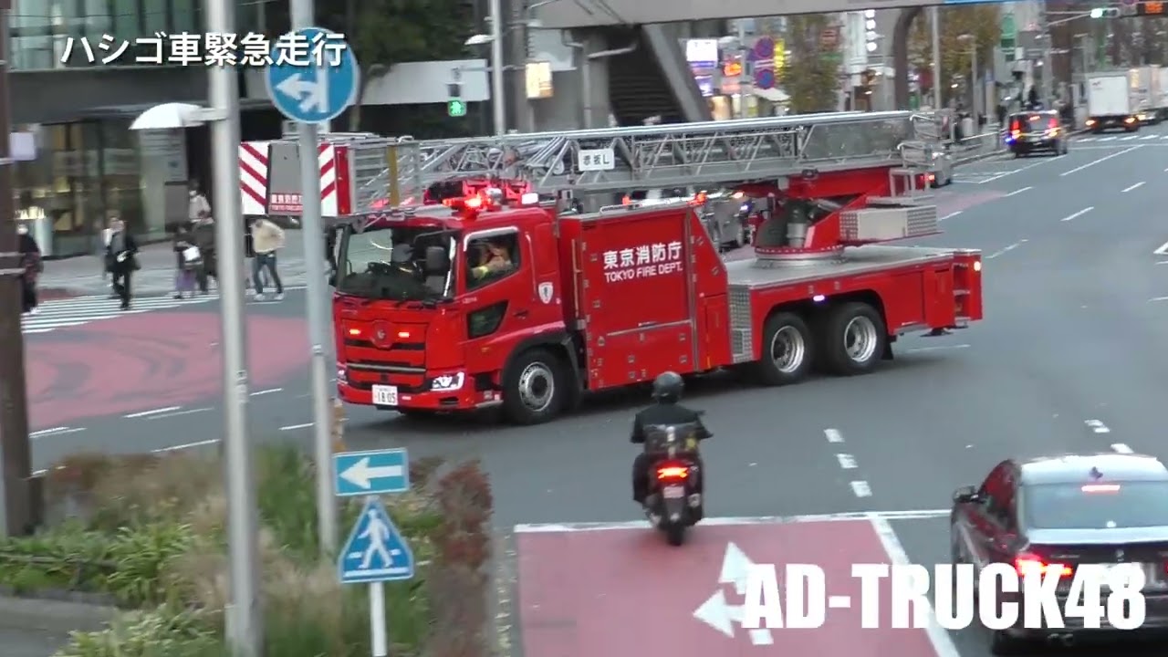 どいたどいた～！渋谷で火災発生し赤坂、麻布のハシゴ車が青山通りを緊急走行