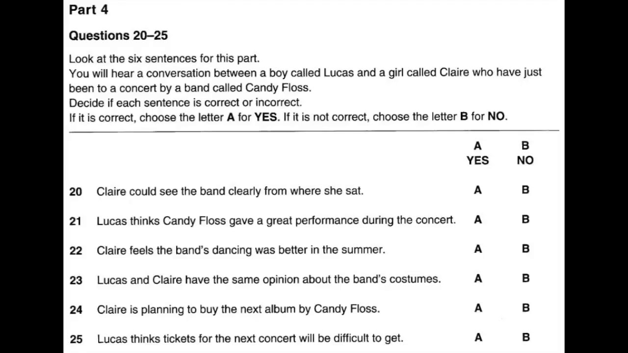 Listening B1, PET 1 for Schools, Test 4, Part 4
