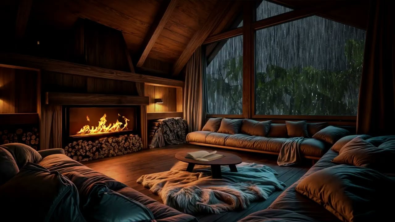 Rain Sounds & Crackling Fireplace at Night | Cozy Ambience to Relax the Mind & Drift into Deep Sleep