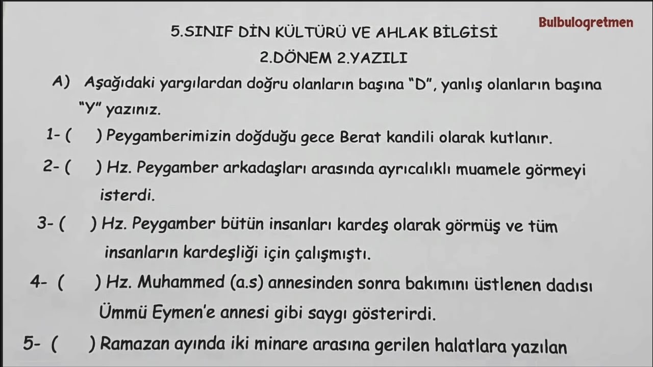 5.sınıf din kültürü 2.dönem 2.yazılı @Bulbulogretmen   #din #dinkültürü #sınav #yazılı