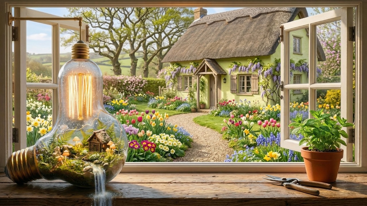 Cozy Spring Cottage Window Ambience 🌷Gentle Waterfall in Bulb Garden + Soft Birdsong