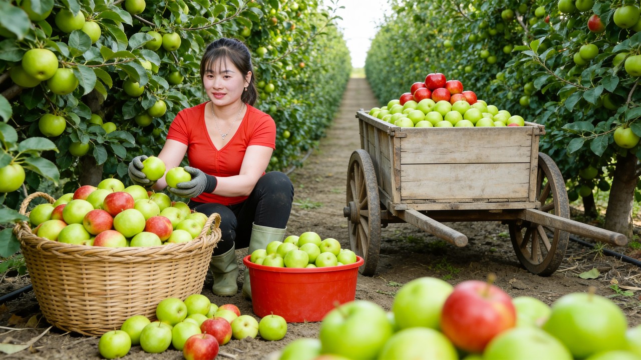 Harvesting Sweet Apples with a Motorbike | Selling to Villagers | Living with Nature