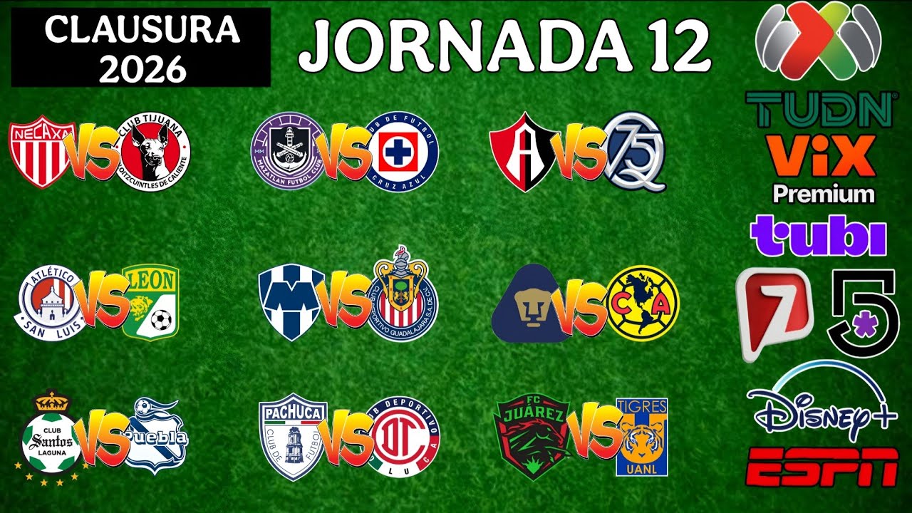 FECHAS,HORARIOS Y CANALES PARA LA JORNADA 12  DE LA LIGA MX CLAUSURA 2026