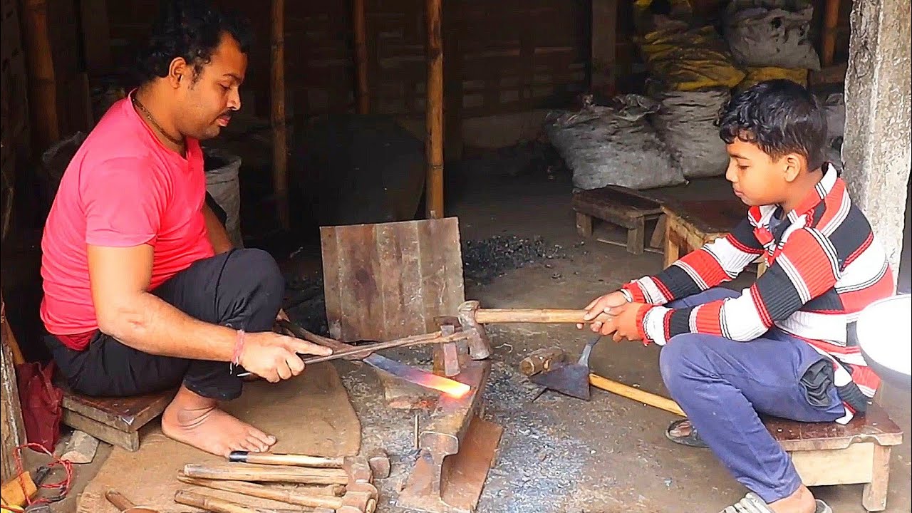 Indian Blacksmith and His Younger Son Making A Very Sharp Machete Knife ! Knife Making