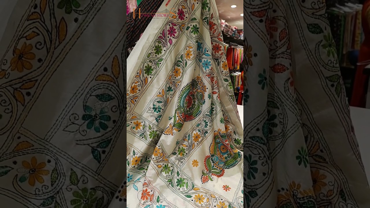 🌟 Handwoven Kantha Stitch Saree in White | Shree Howrah Stores
