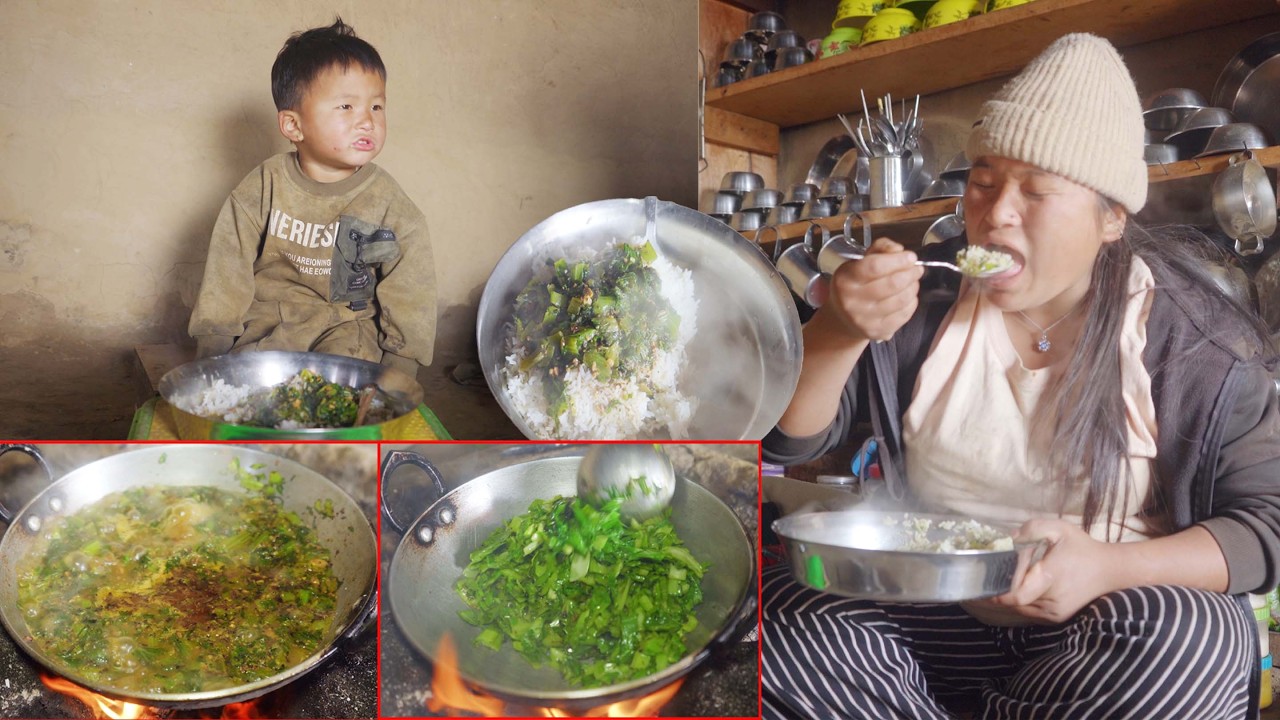 jina cooks grinded soybean & mustard vegetable mix curry in lunch @shepherdlifeofnepal