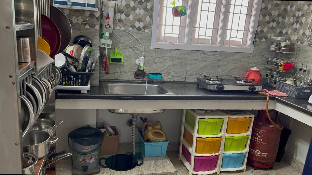 Kitchen Tour - Non Modular Open Shelf kitchen Tour & Space Saving Organization ideas