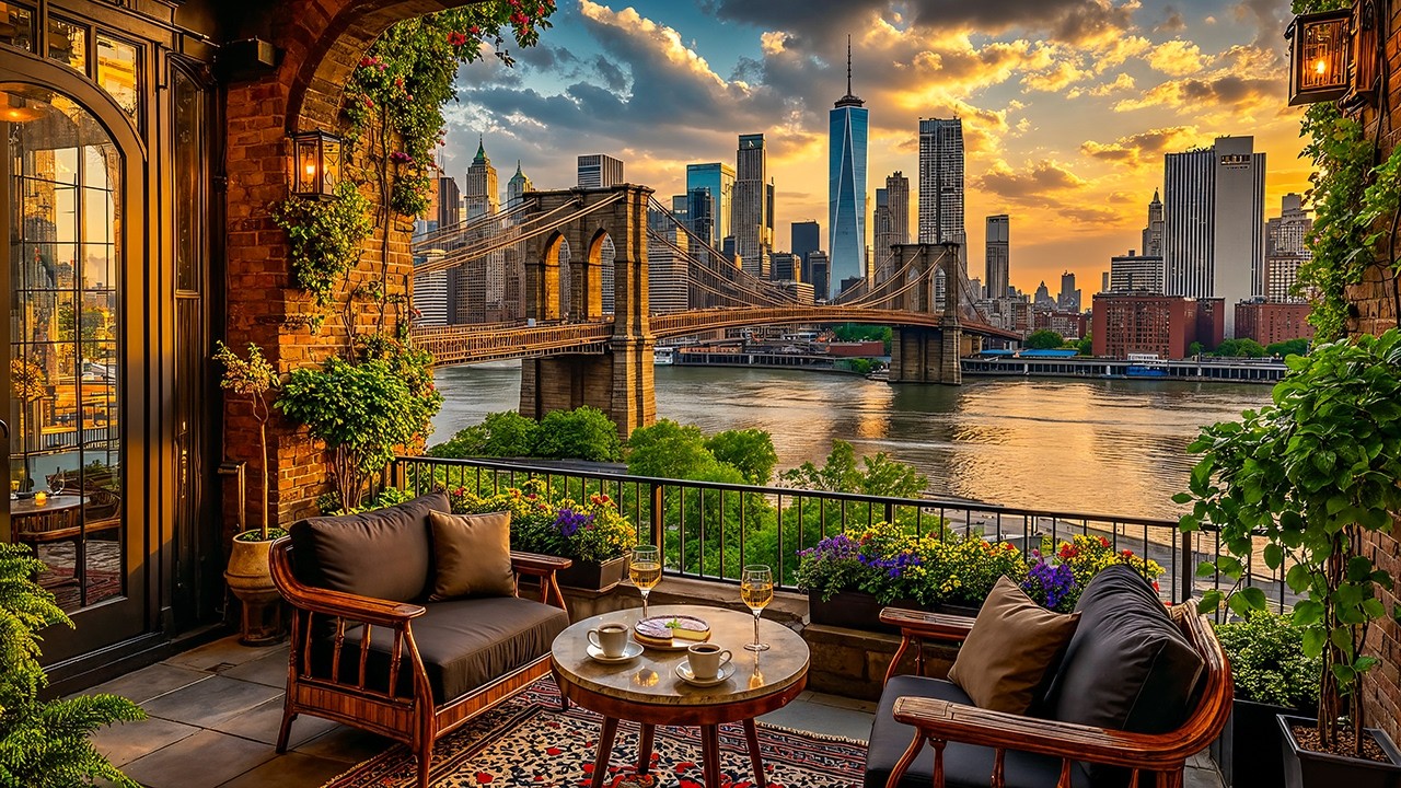 New York Sunset Jazz ☕ Brooklyn Bridge Café Ambience & Smooth Jazz Instrumental for Focus & Work