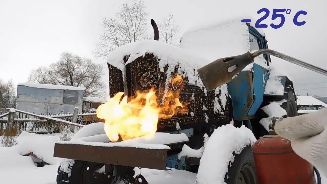 Запуск Советских тракторов зимой в мороз. Двигатель пошел в разнос.