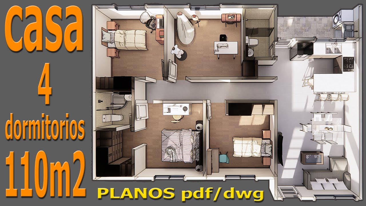Casa de 110 m2. Plano de vivienda con 4 dormitorios,   2 baños, sala, comedor, cocina y lavandería.