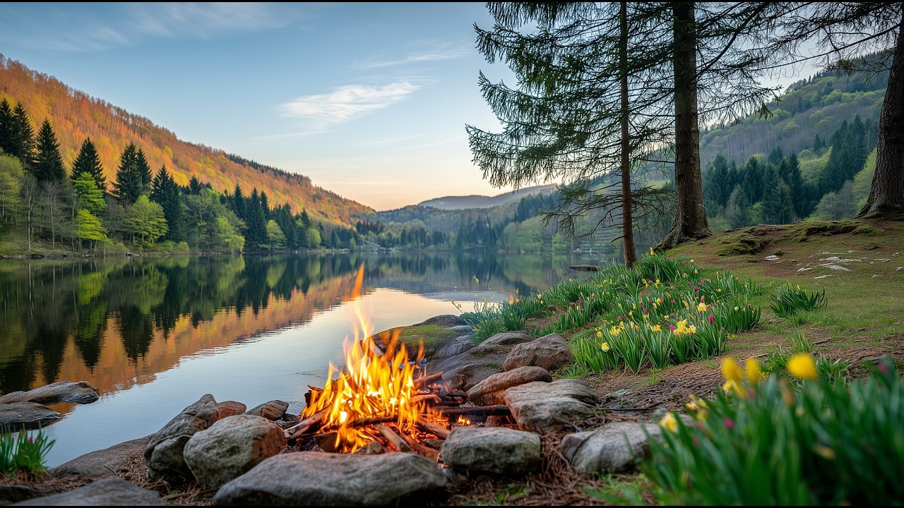 🔥 Warm Campfire beside a Quiet Lake 🌸 Relaxing Early Spring Nature Sounds