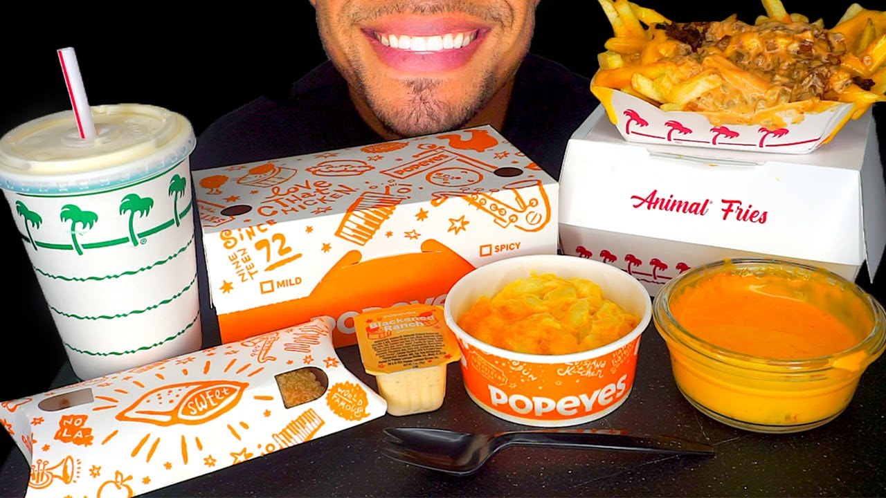 ASMR IN-N-OUT VS POPEYES MUKBANG EATING CHALLENGE ANIMAL STYLE FRIES SHRIMP MAC N CHEESE MILKSHAKE