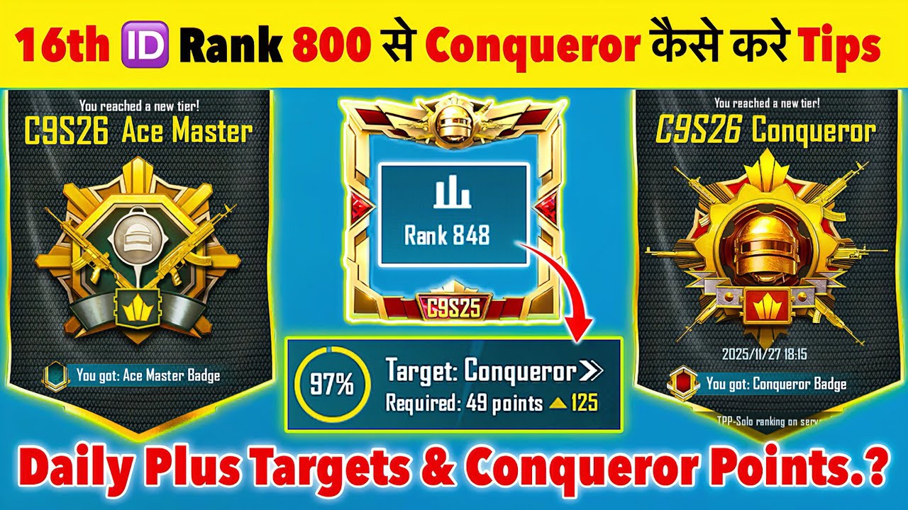 🇮🇳16th 🆔 Rank 800 to Conqueror Best Tips🔥| Solo, Duo, Squad Conqueror Points❓& Daily Plus Targets🎯📈