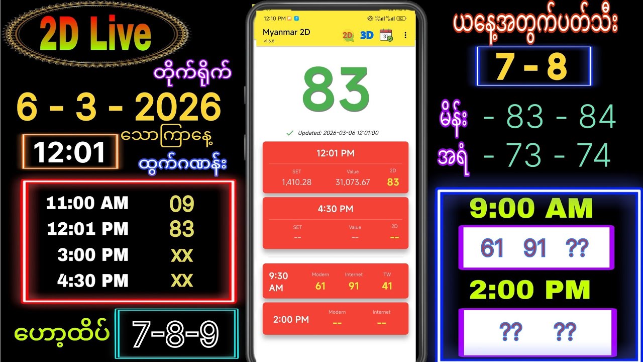 2d Live (6-3-2026) သောကြာနေ့ နေ့လယ်ခင်း 12:00 #2dlivethutamg #2dlivev #2d #ဟော့ထိပ်