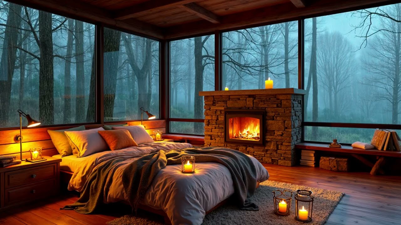 Natural Rain and Fireplace Crackle All Night | Peaceful Sleep Soundscape