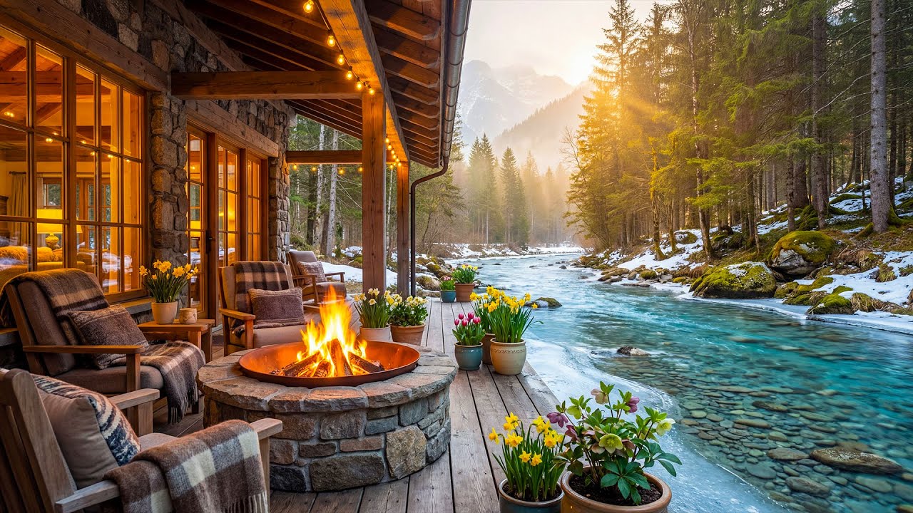 Most Relaxing Riverside Cabin Porch 🌿🔥 Gentle River, Cozy Fire Ambience & Birdsong for Study