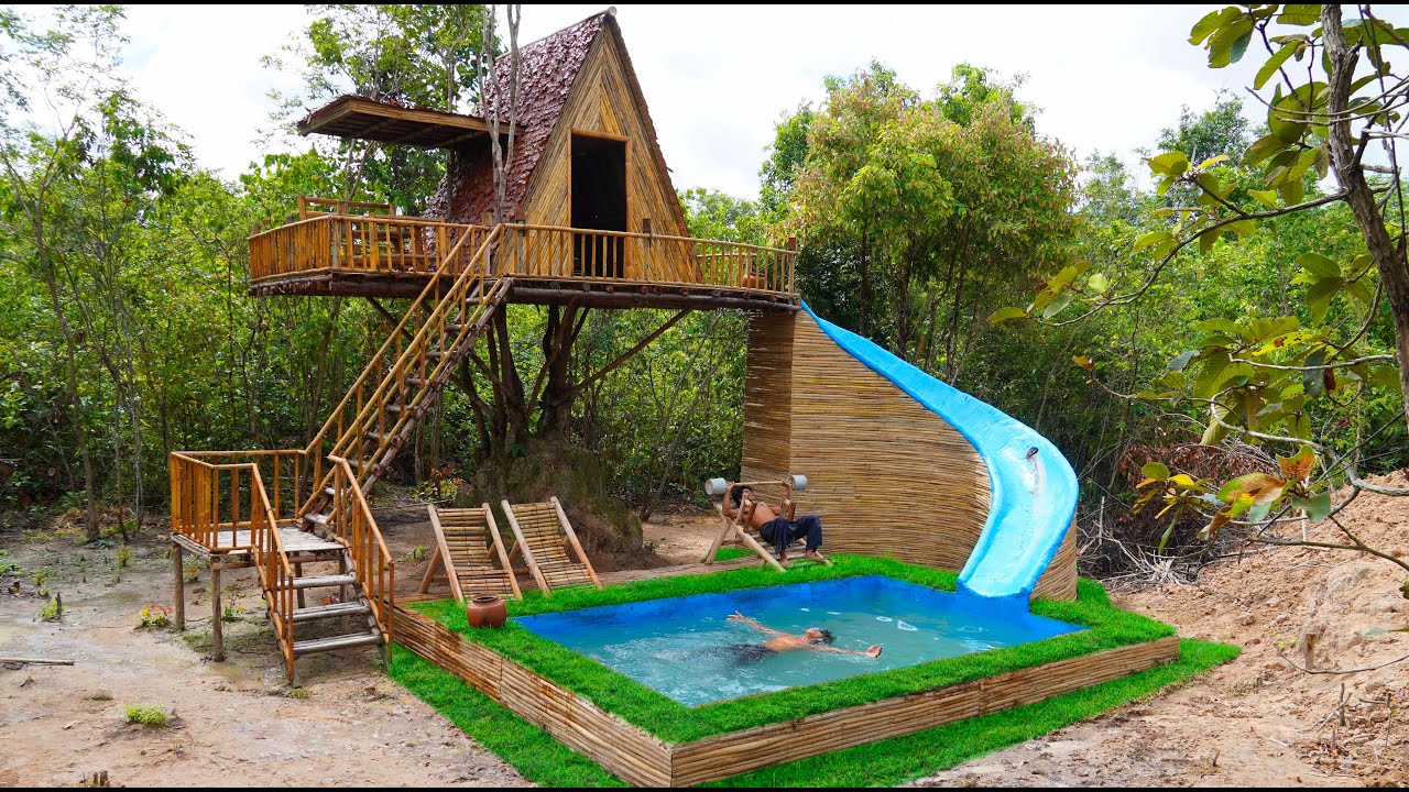 100 Days Build Tree Villa House with Waterslide To Swimming Pool