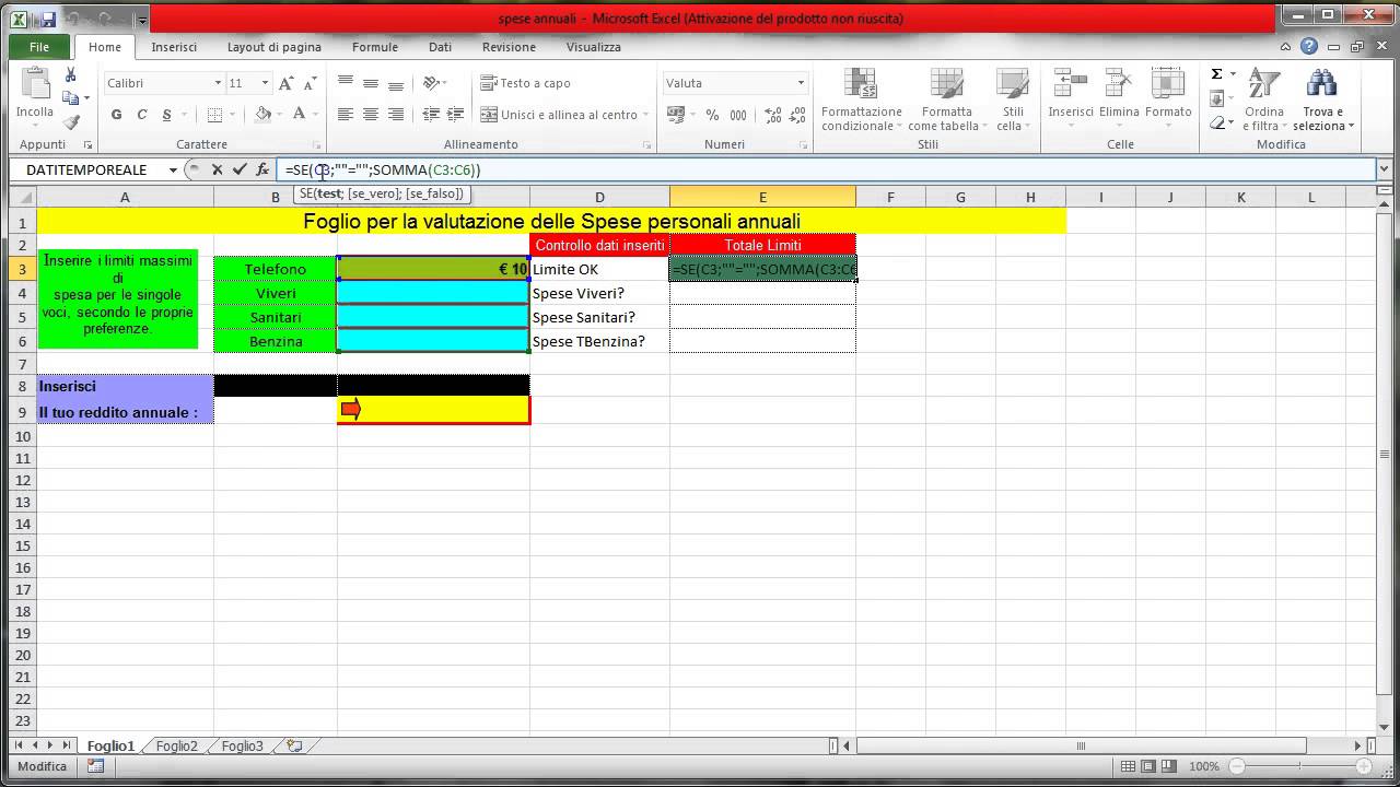 Creazione tabella di controllo Spese annuali in Excel 2010