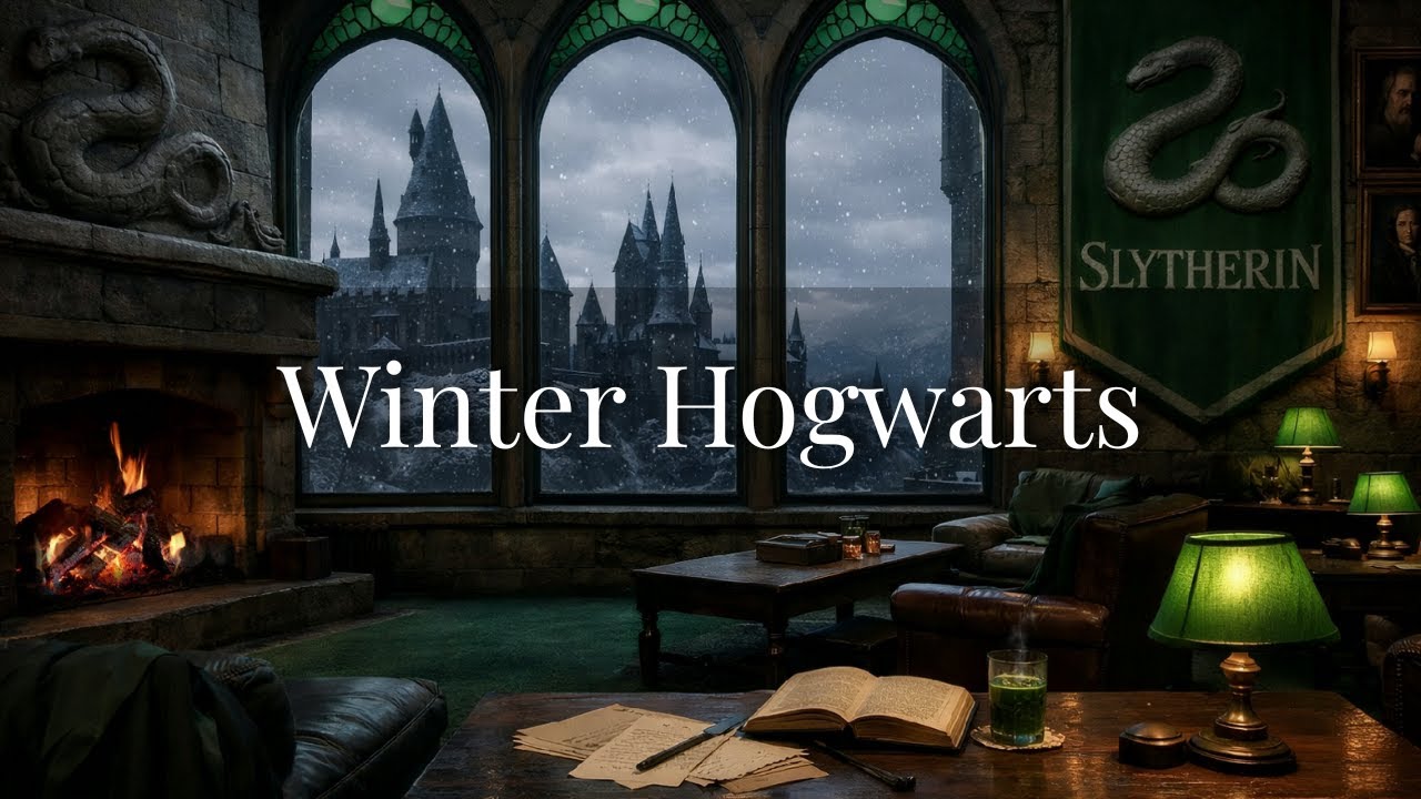 Hogwarts Winter Snowfall | Common Room | Soft Mystical Sounds & Fireplace for Sleep, Study & Focus