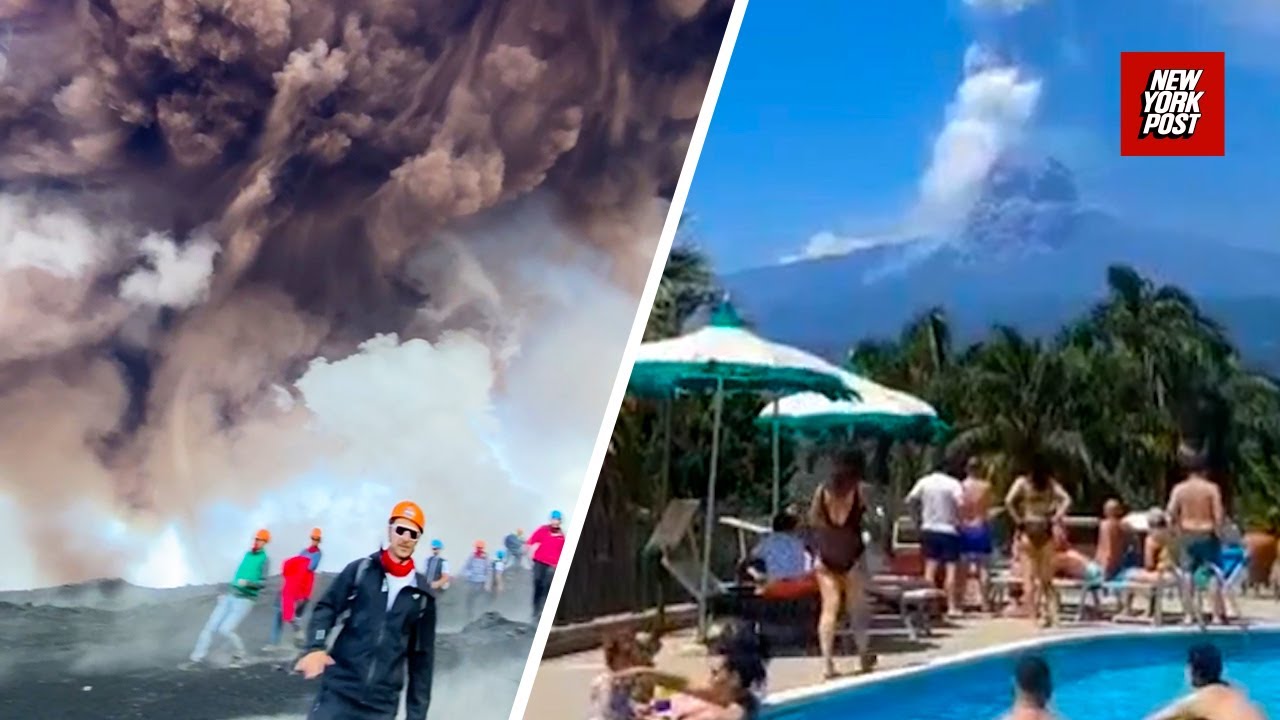Shocked tourists nearly engulfed in Mt. Etna ash, as others lounge poolside
