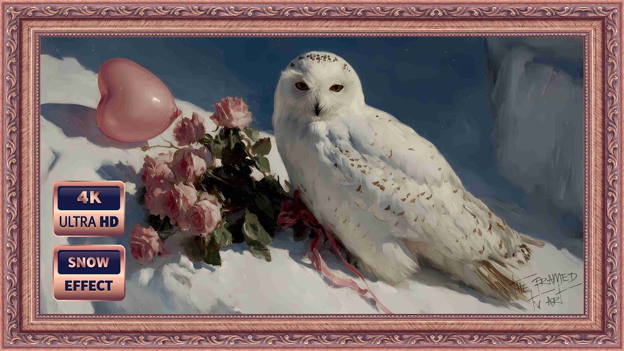 Pink Valentine's Day Frame TV Screensaver 4K | Owl Vintage Oil Painting • Roses & Snow | Framed 3H