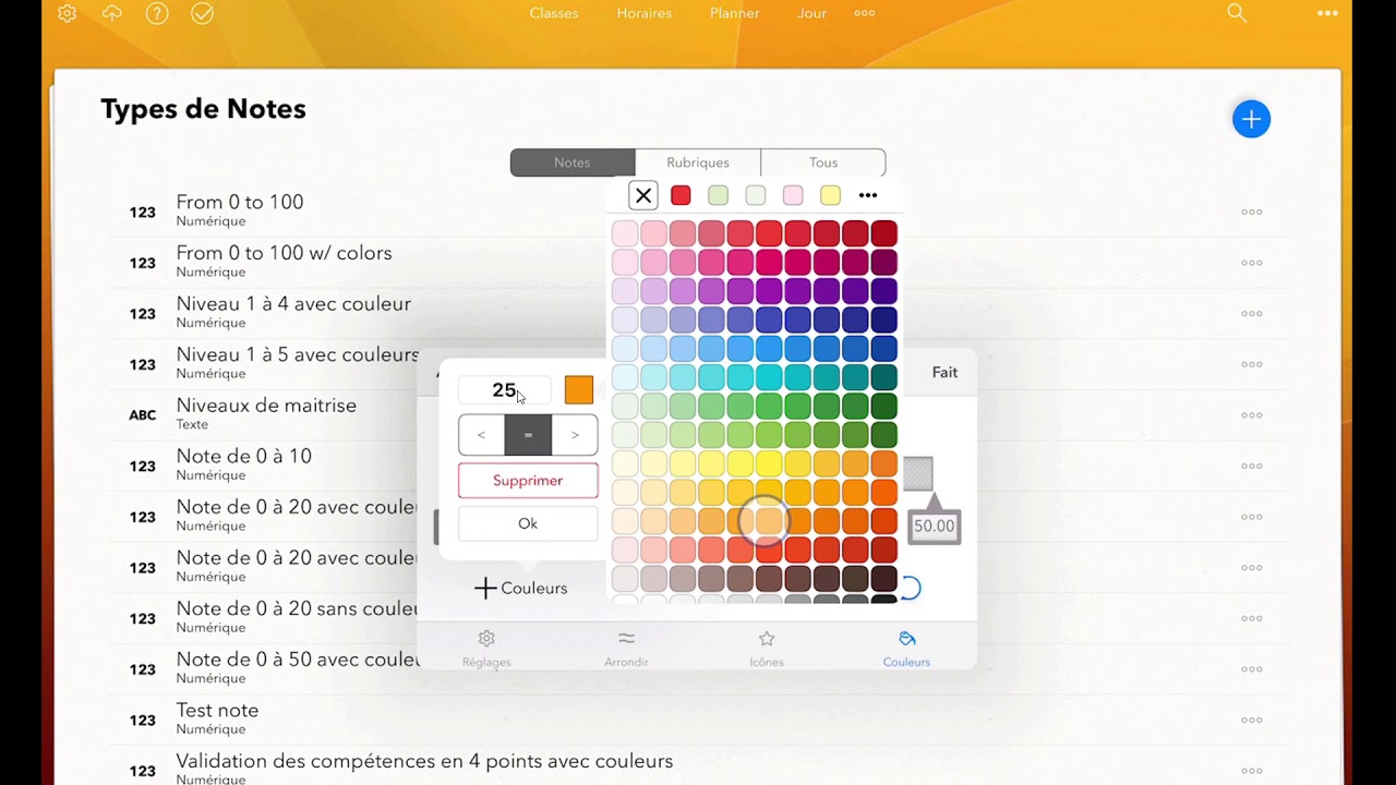 iDoceo - Créer des types de notes en couleur et utiliser les valeurs approuvées
