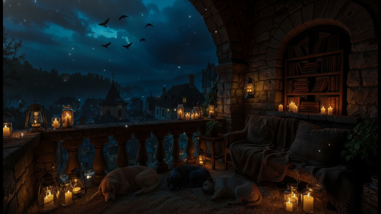 Candlelit Medieval Balcony at Night 🌧️ | Rain Sounds & Cozy Village Ambience for Sleep