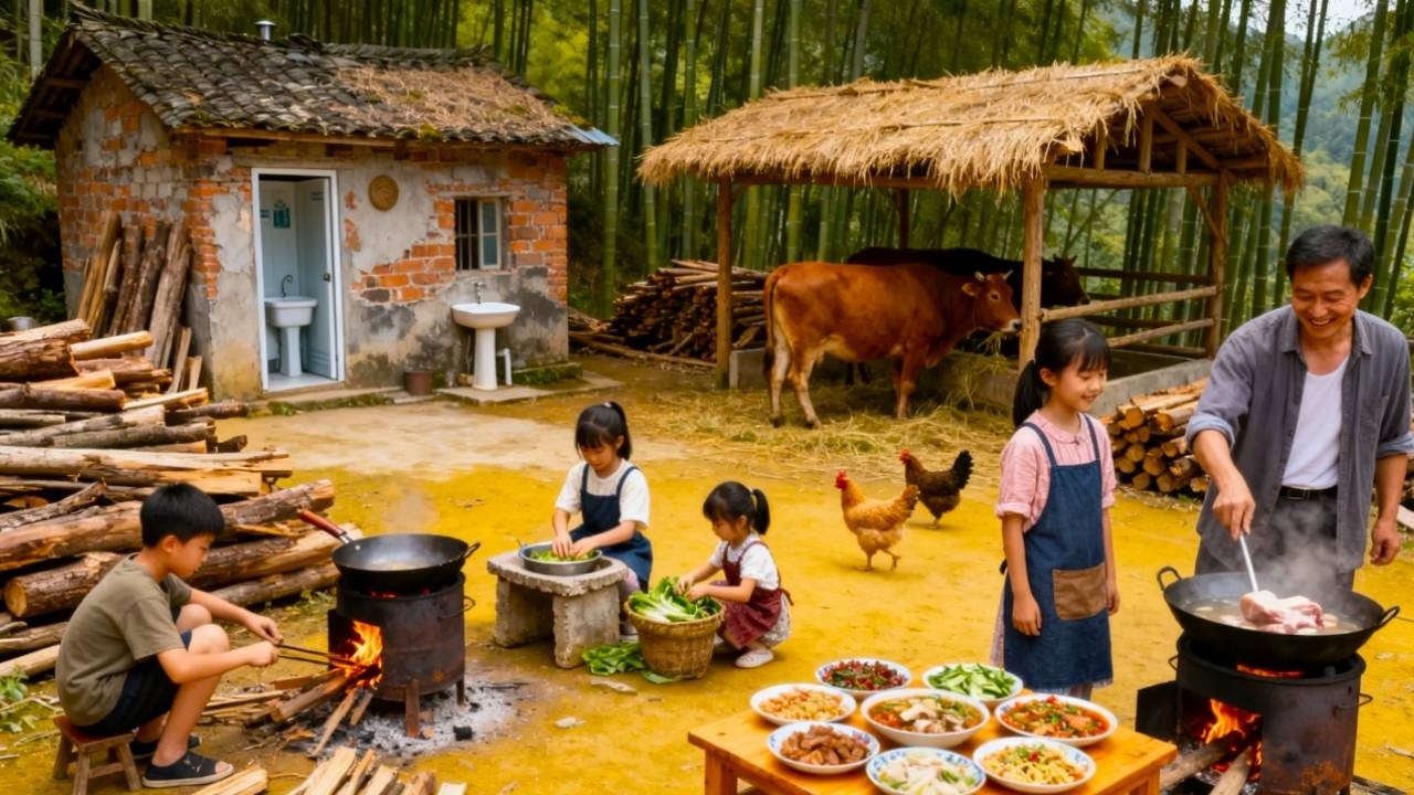 【一家六口隐居深山】年幼的孩子们心疼父亲干活劳累，主动为爸爸准备丰盛晚饭！爸爸加班给孩子们熬猪油！#农村 #农村生活 #山区