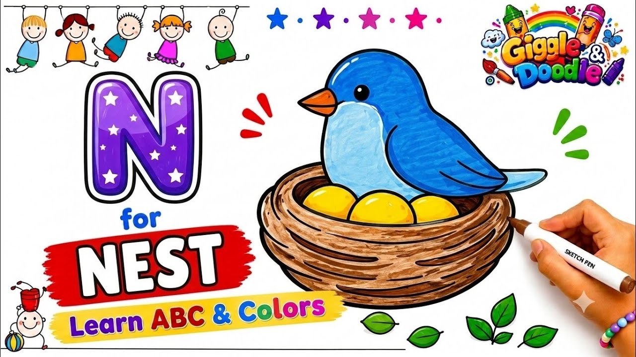 N for Nest 🪺 | Alphabet Coloring for Kids | Learn ABC with Sketch Pens | Easy Bird Nest Coloring