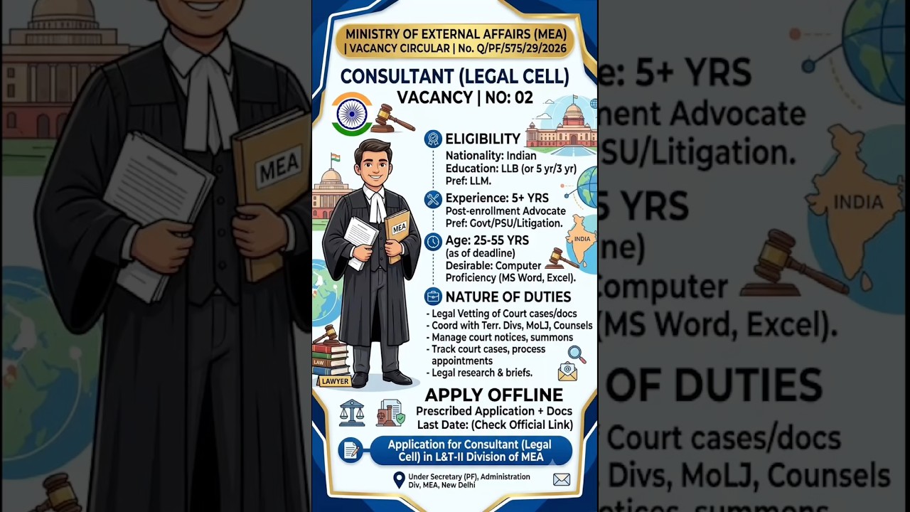The Ministry of External Affairs (MEA) is hiring Consultants (Legal Cell)
