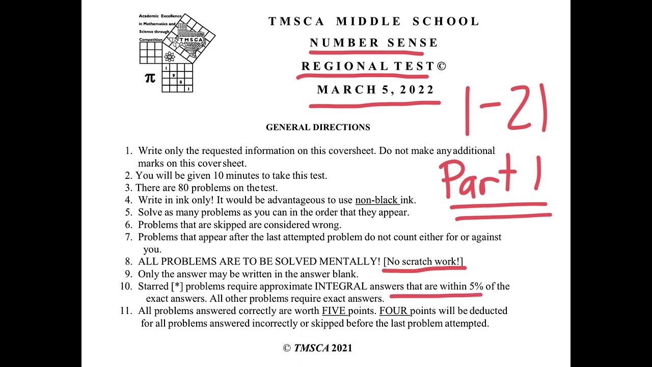 TMSCA Middle School Number Sense Regional Test 2022