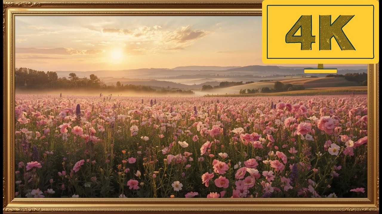 4K TV WALLPAPER Endless Pink Wildflower Field at Golden Sunset