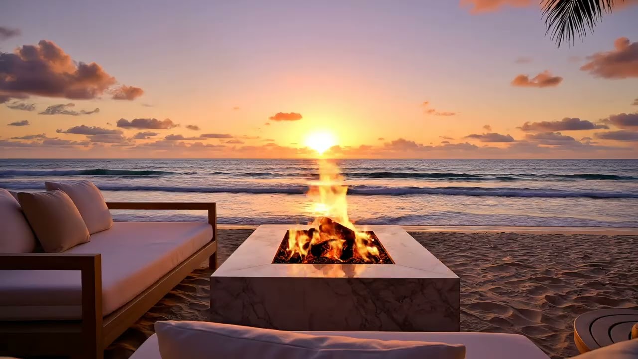 Beach Fireplace at Sunset 🌅🔥 | Ocean Waves for Relaxing ,Sleep & Calm Ambience (4 Hours)