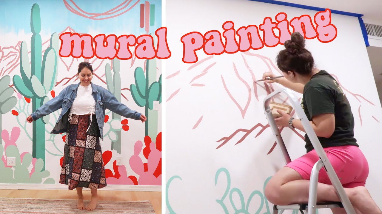 Painting a Mural in a Home Residence!💕🌵Desert Landscape & Cactus Garden by Mural Artist Paige Poppe