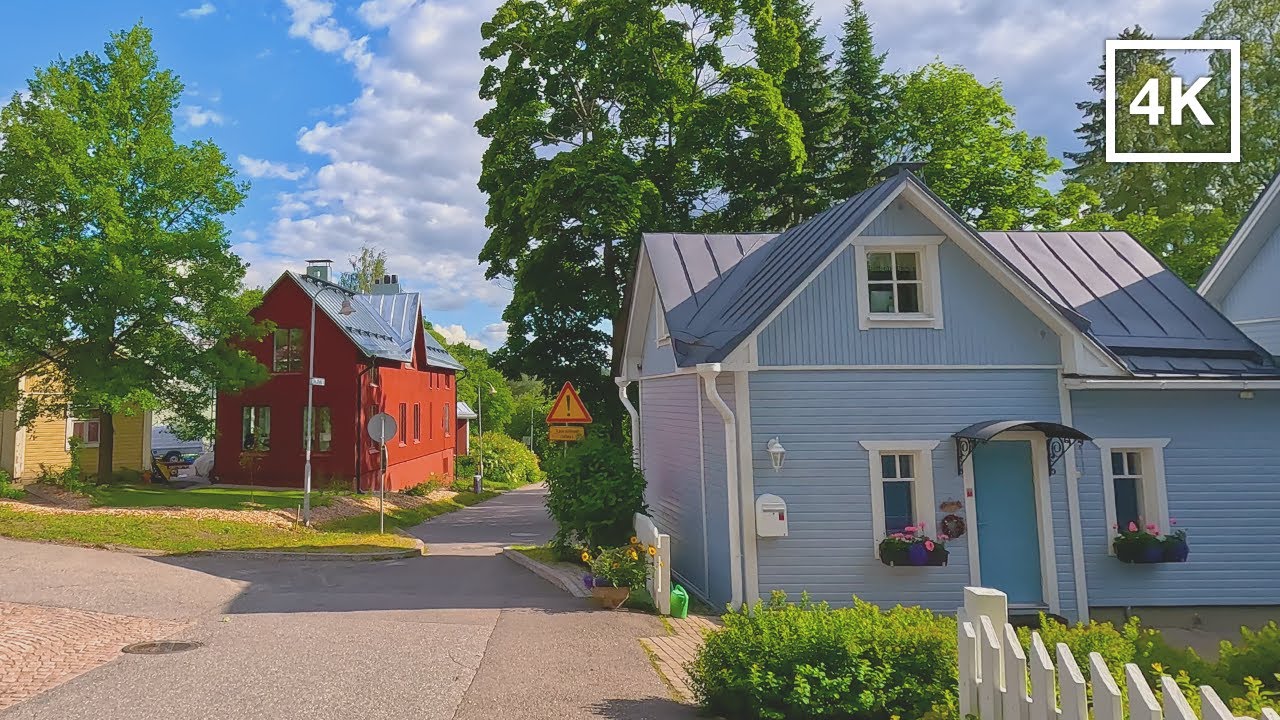 Walking in wooden house neighborhood, Finland, Lahti - 4K