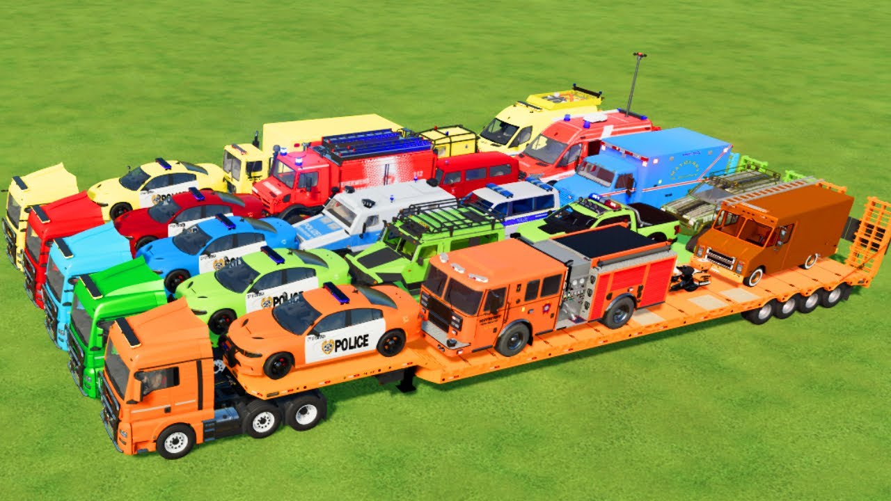 LOAD & TRANSPORT COLORED CARS, FIRE TRUCK, POLICE CAR, AMBULANCE, BUS, JEEP  -Farming Simulator 22