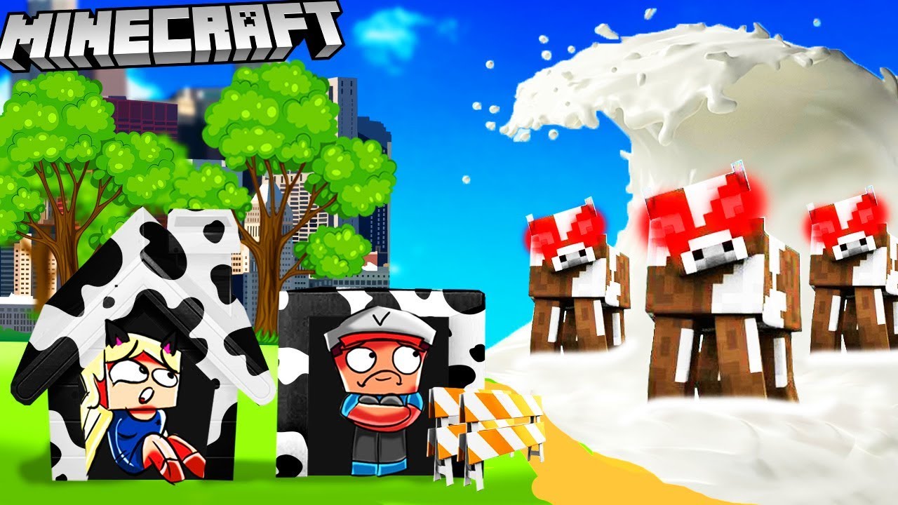BAZA VS TSUNAMI MLEKA i WŚCIEKŁYCH KRÓW - MINECRAFT TSUNAMI CHALLENGE | Vito VS Bella