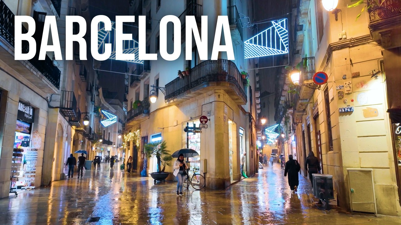 Rainy Night Walk in Barcelona, Spain | Rainstorm Ambience in Barcelona's Gothic Quarter