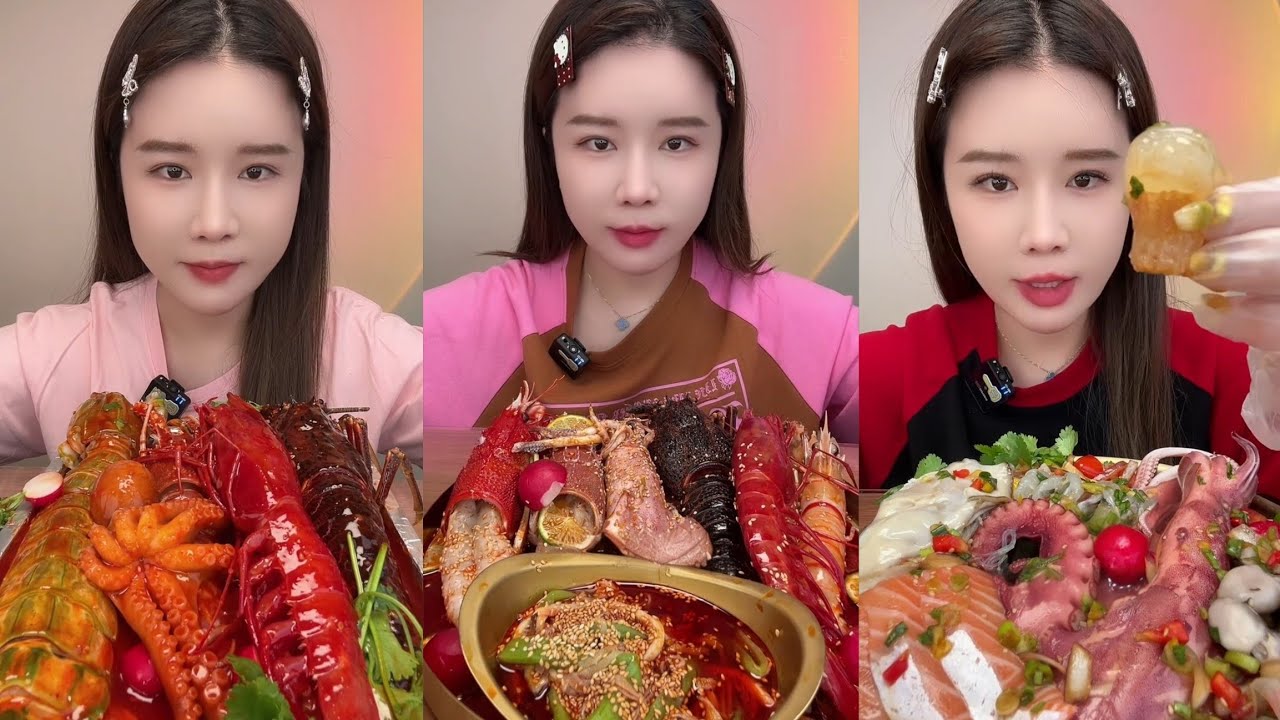 Yummy #307:Eat seafood 🦞 salmon red devil shrimp 🍤🦐 squid 🦑🐙 lobster#mukbang #yummy #delicious 