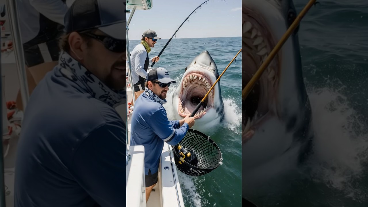 A Shark attacks Two mens in a fisherboat, amazing scene#shark #attack #fishing #deepseafishing #ai